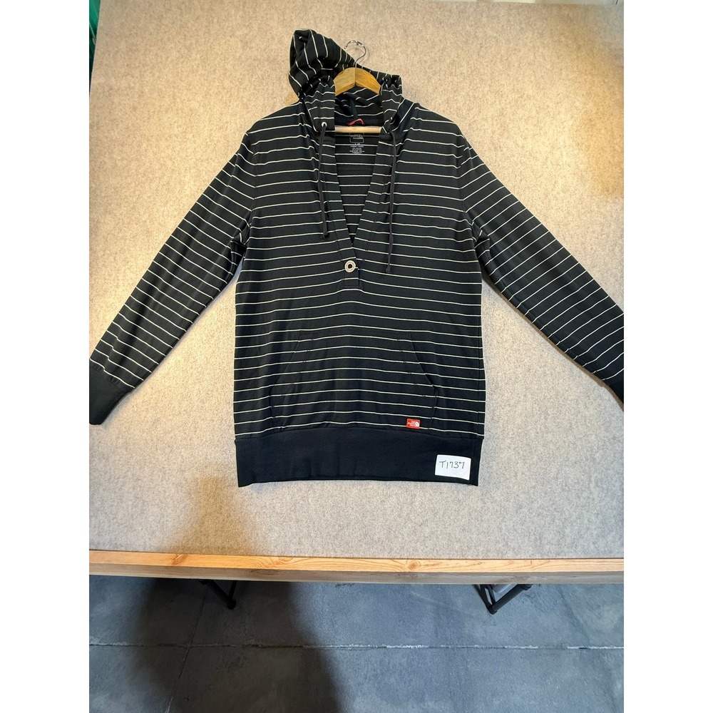 The North Face Womens Large‎ Black White Striped V-Neck Hoodie Pullover L/G